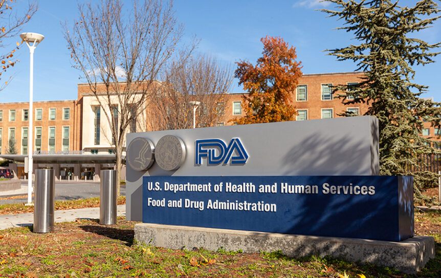 Sign outside U.S. Food and Drug Administration headquarters with the name and logo of the agency.