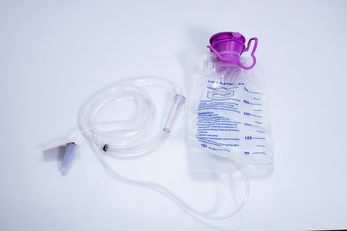 A feeding tube and feeding bag.