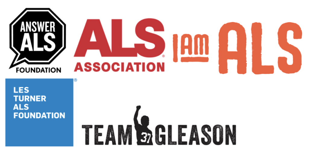 Logos for Answer ALS Foundation, ALS Association, I Am ALS, Les Turner ALS Foundation, Team Gleason