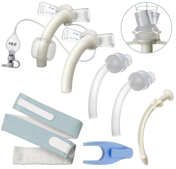 Five different types of tracheostomy tubes and medical equipment needed to use them.